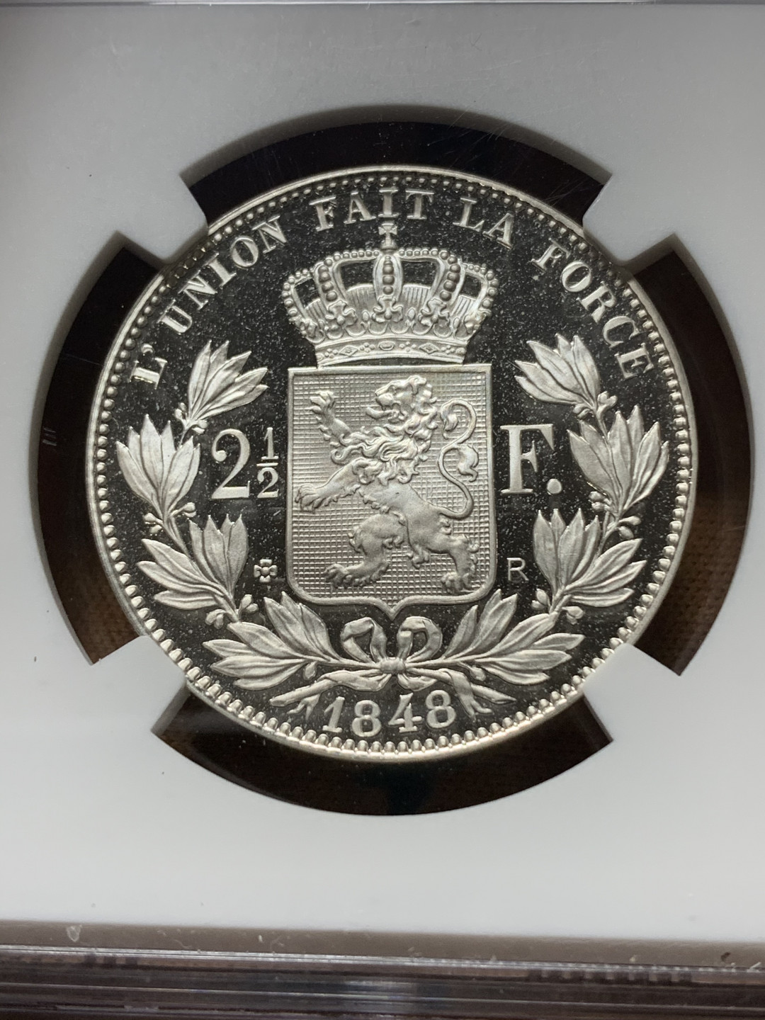 《竞宝斋》钱币微拍-第14场-本周日，周一2场连拍（全场顺丰包邮） 亚军 NGC-PF68 比利时 1848-R年 2.5法郎 银币 后铸PROOF 样币 非常稀少