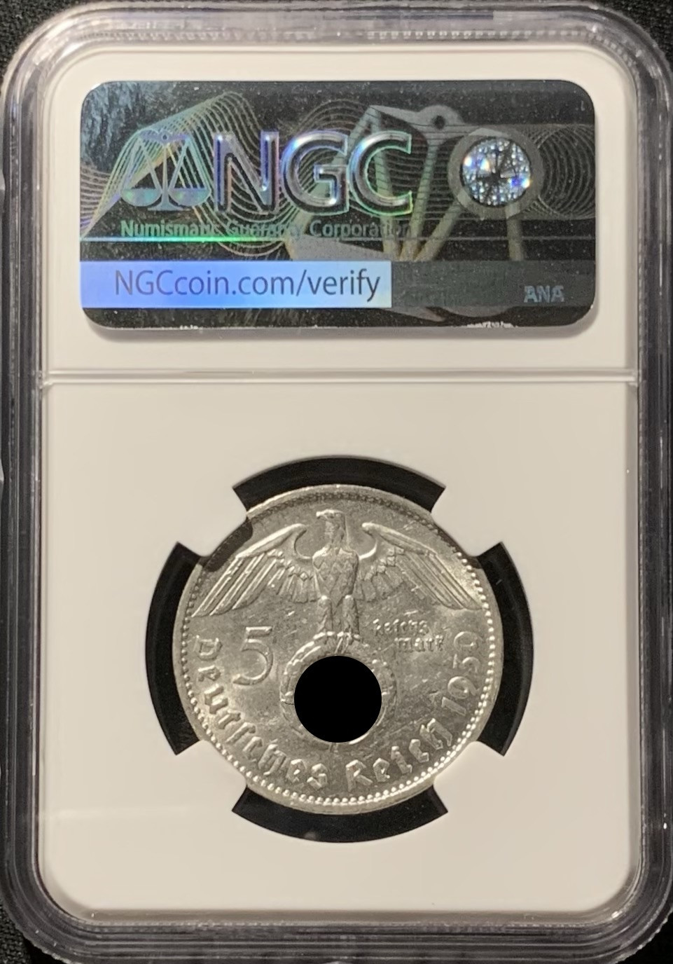 紫瑗钱币——第153期拍卖 德国 1939年 F版 兴登堡 字符感 5马克 银币 NGC AU55