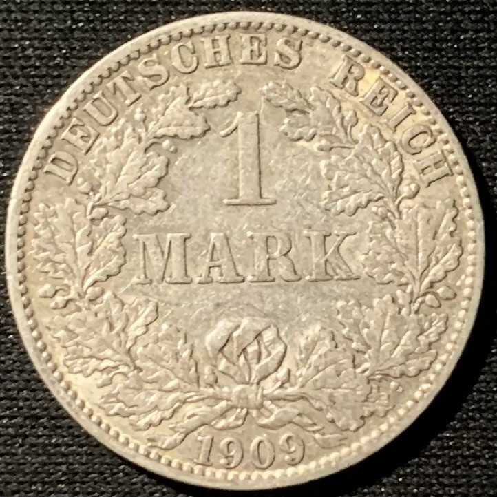 紫瑗钱币——第153期拍卖 德国 1909年 A版 第二帝国 长翅 1马克 5.5克 0.9银