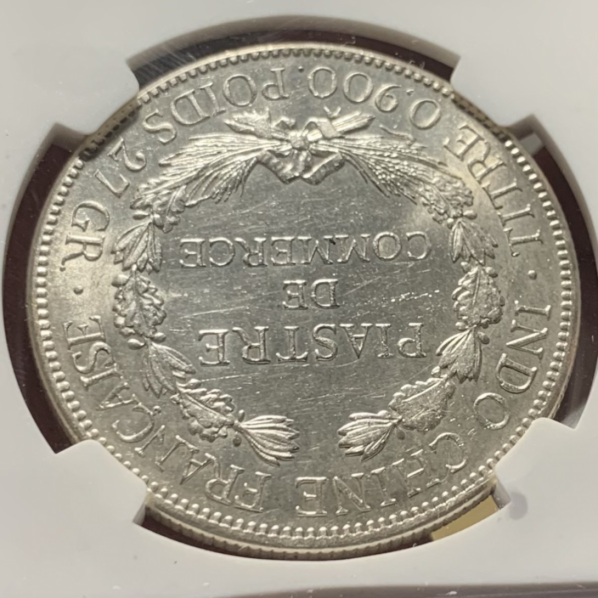 紫瑗钱币——第153期拍卖 法属印度支那 1921年 无字版 1皮阿斯特 银币 NGC MS62