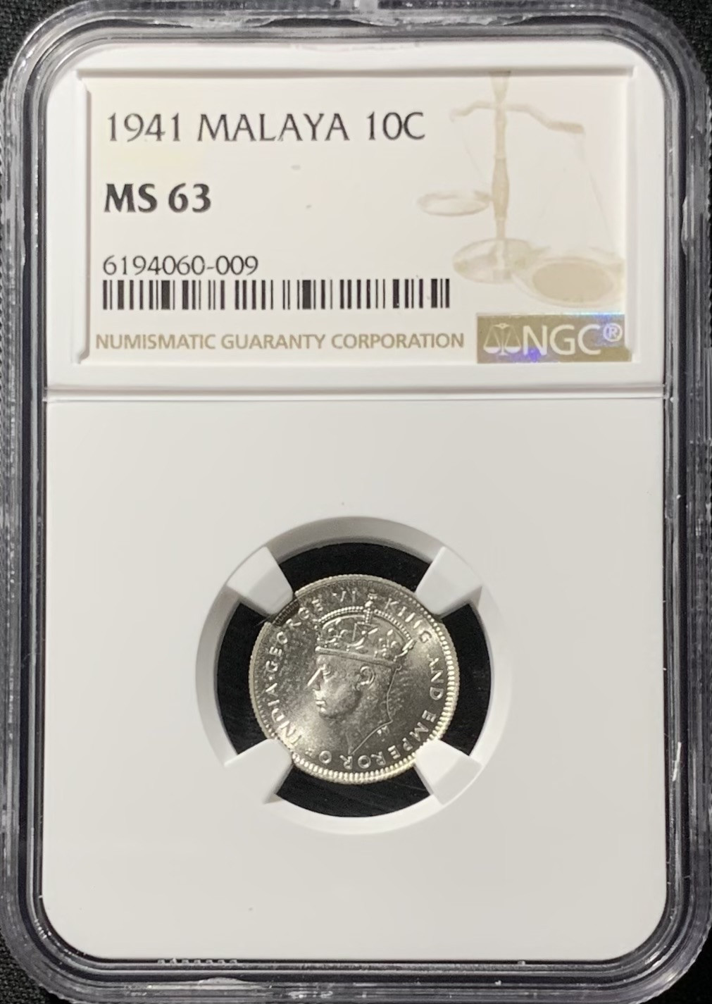 紫瑗钱币——第153期拍卖 马来亚 1941年 乔治六世 10分 银币 NGC MS63