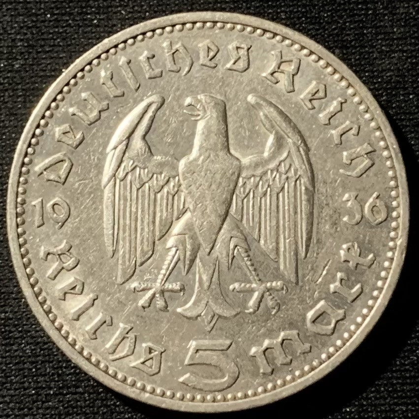 紫瑗钱币——第153期拍卖 德国 1936年 J版 兴登堡 5马克 13.88克 0.9银