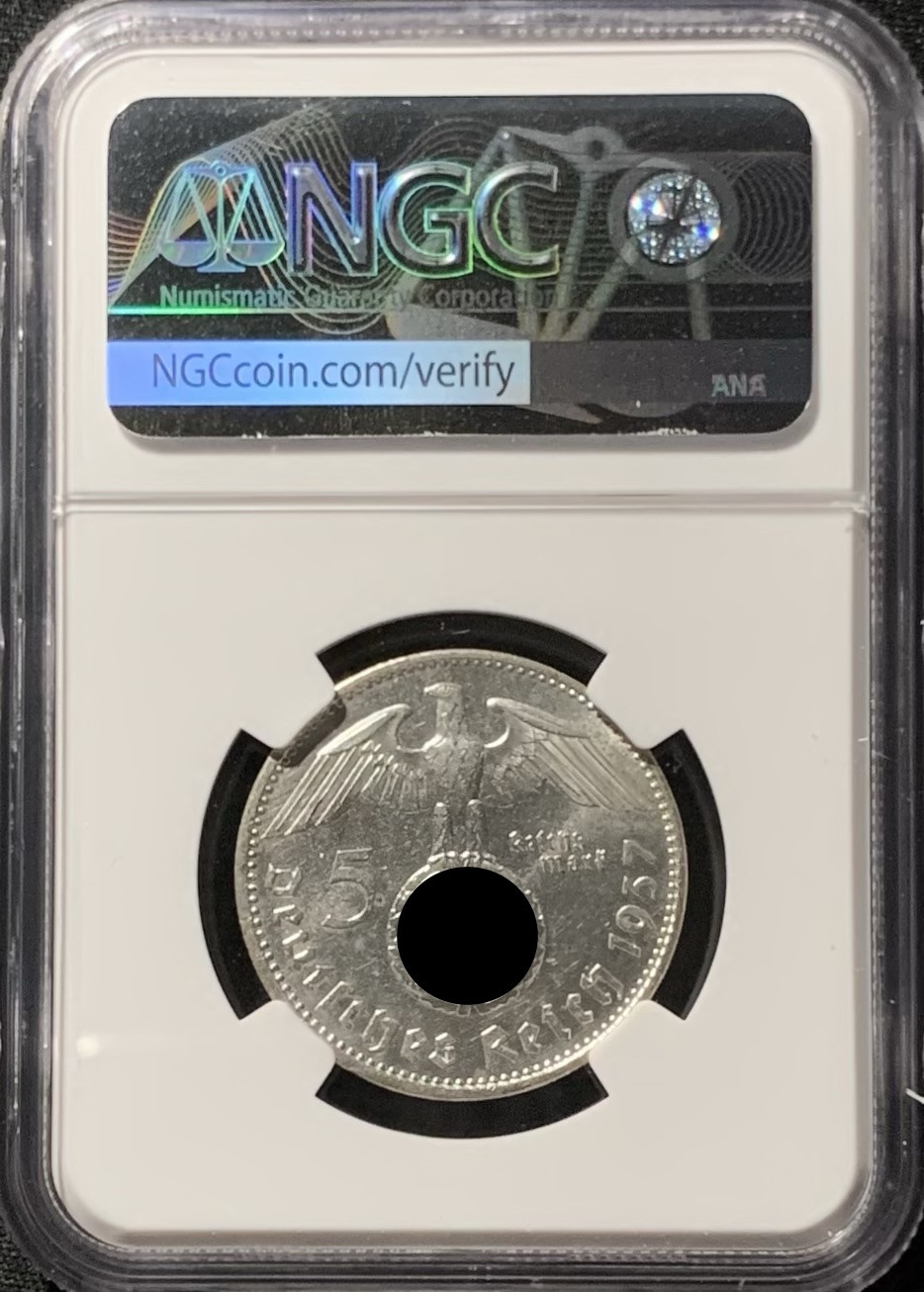 紫瑗钱币——第153期拍卖 德国 1937年 A版 兴登堡 字符版 5马克 银币 NGC UNC Detail