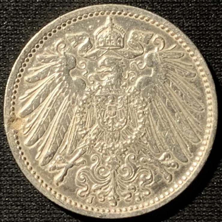 紫瑗钱币——第153期拍卖 德国 1914年 J版 第二帝国 长翅 1马克 5.5克 0.9银
