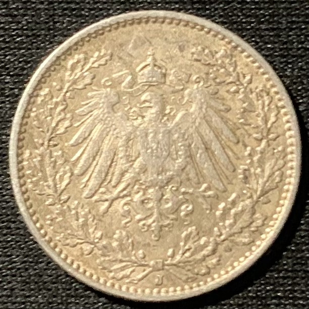 紫瑗钱币——第153期拍卖 德国 1915年 J版 第二帝国 1/2马克 2.78克 0.9银