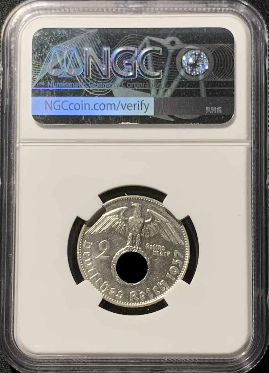 紫瑗钱币——第153期拍卖 德国 1937年 D版 兴登堡 2马克 银币 NGC MS63