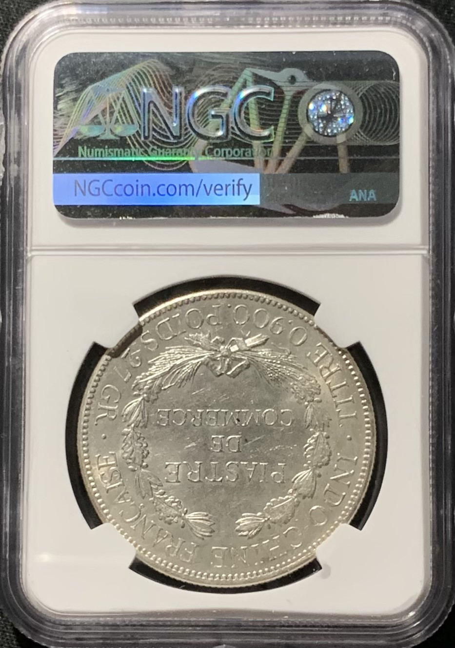 紫瑗钱币——第153期拍卖 法属印度支那 1921年 无字版 1皮阿斯特 银币 NGC MS62