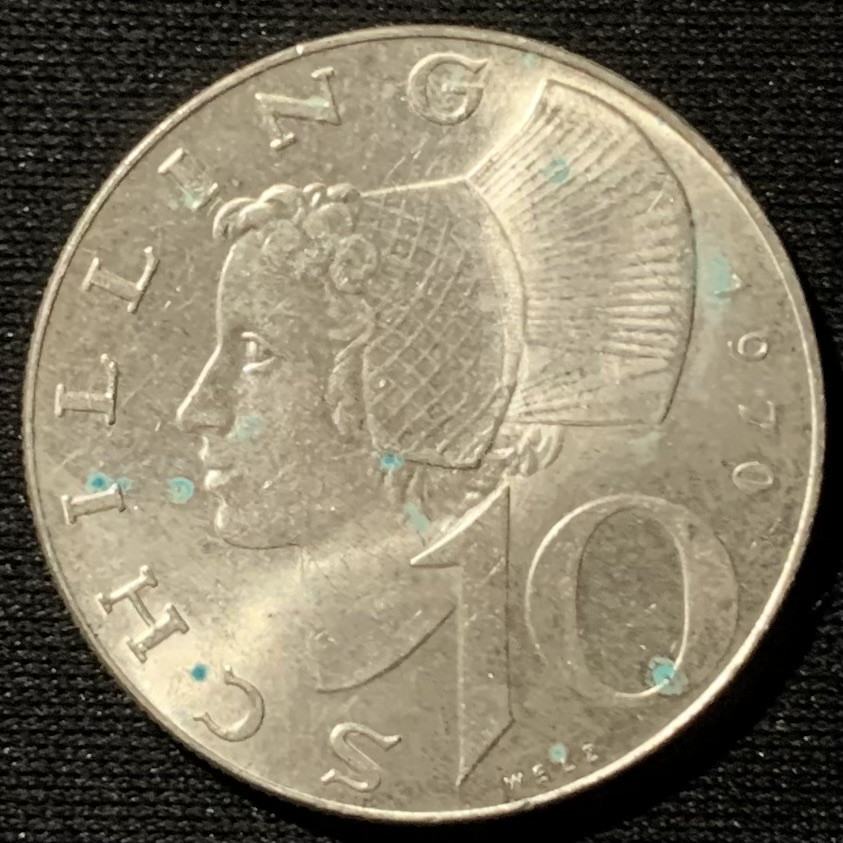 紫瑗钱币——第153期拍卖 奥地利 1970年 女神 10先令 7.5克 0.64银 UNC