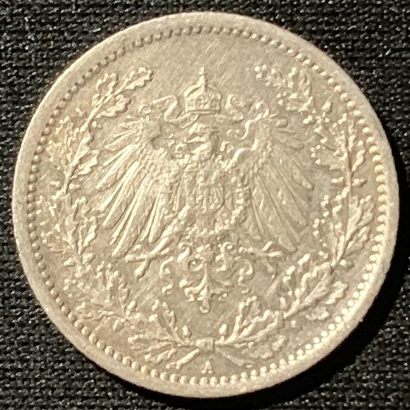 紫瑗钱币——第153期拍卖 德国 1914年 A版 第二帝国 1/2马克 2.78克 0.9银