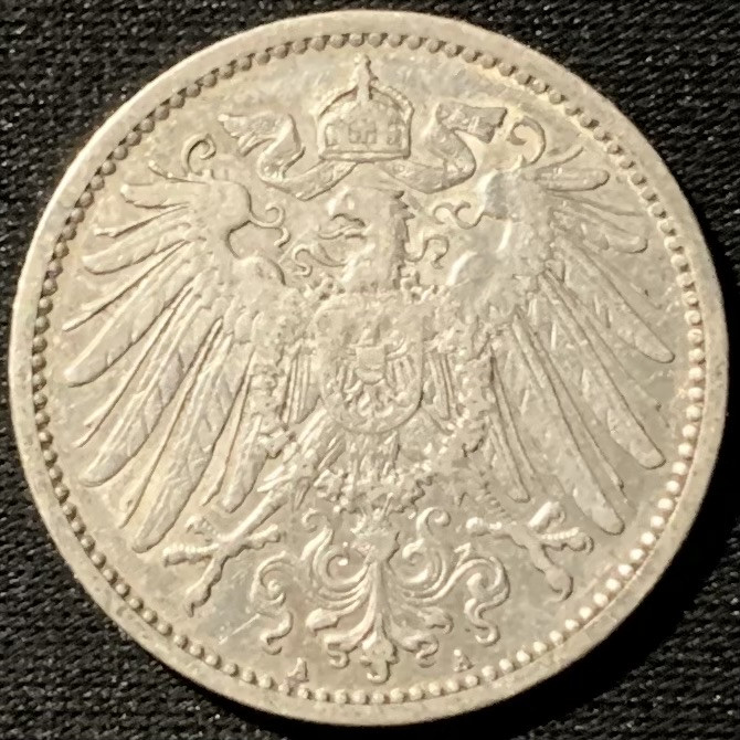 紫瑗钱币——第153期拍卖 德国 1909年 A版 第二帝国 长翅 1马克 5.5克 0.9银