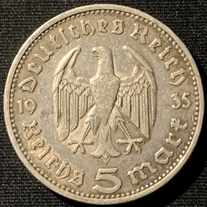紫瑗钱币——第153期拍卖 德国 1935年 F版 兴登堡 5马克 13.88克 0.9银