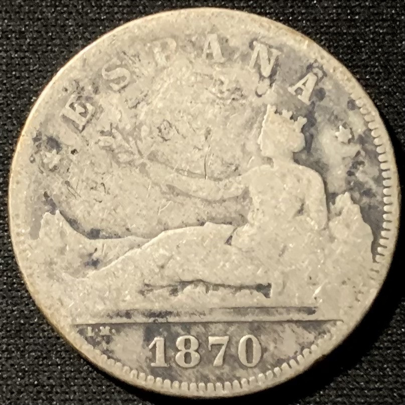 紫瑗钱币——第153期拍卖 西班牙 1870年 拿花 2比塞塔 10克 0.835银