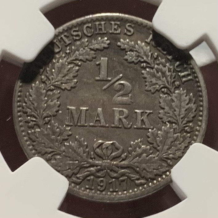 紫瑗钱币——第153期拍卖 德国 1917年 A版 第二帝国 1/2马克 银币 NGC MS61