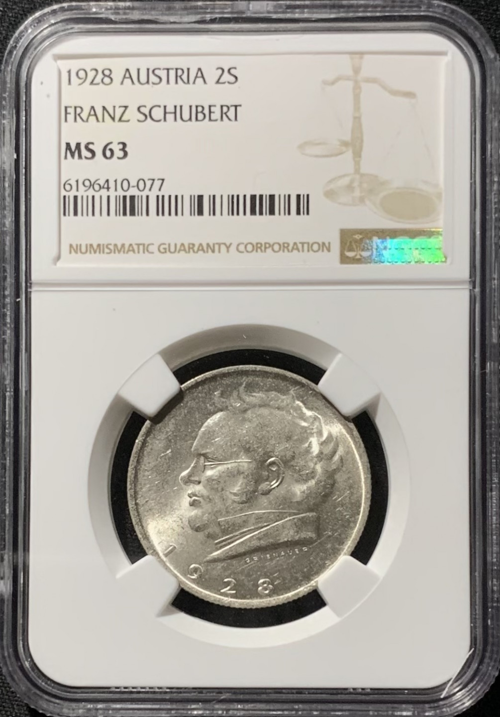 紫瑗钱币——第153期拍卖 奥地利 1928年 舒伯特 2先令 银币 NGC MS63