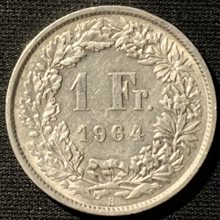 紫瑗钱币——第153期拍卖 瑞士 1964年 赫尔维迪亚女神 1法郎 5克 0.835银 UNC