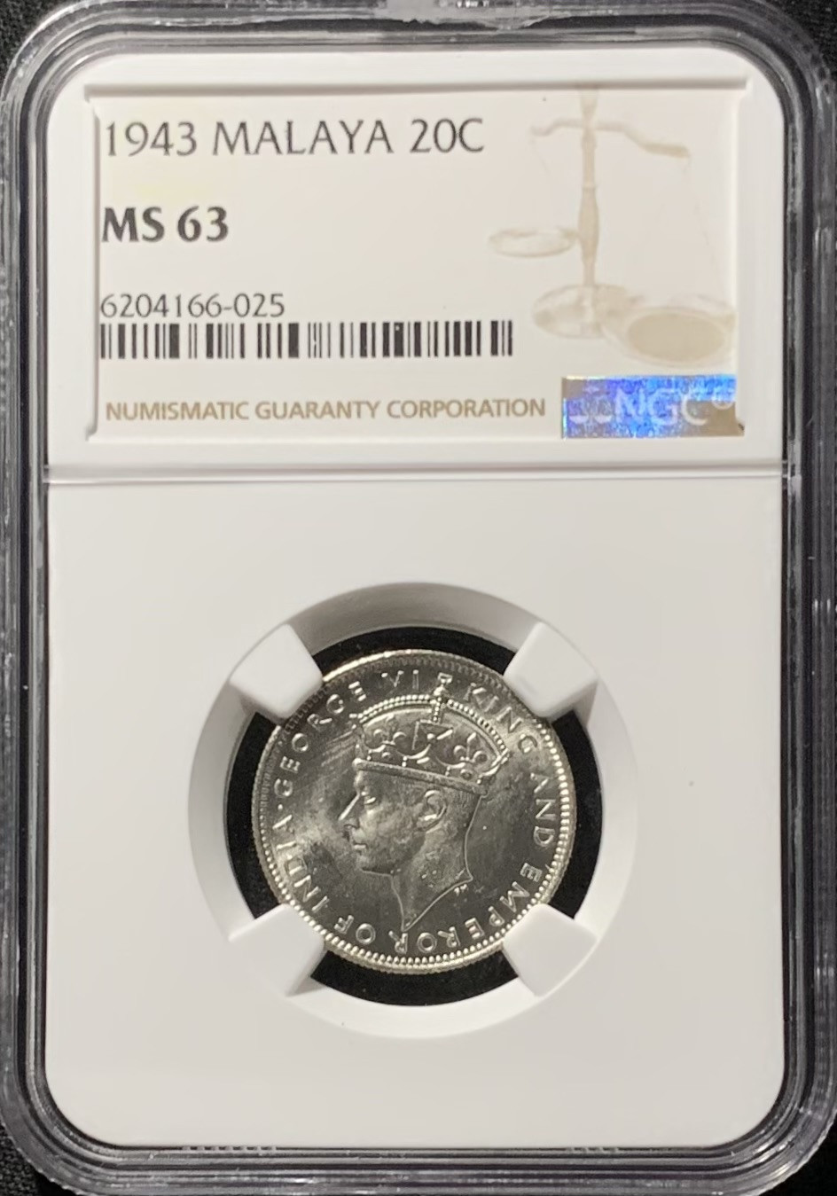 紫瑗钱币——第153期拍卖 马来亚 1943年 乔治六世 20分 银币 NGC MS63