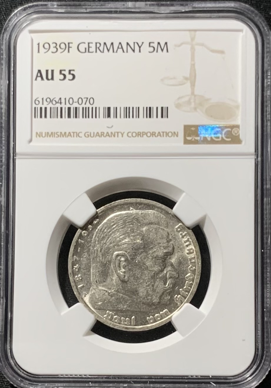 紫瑗钱币——第153期拍卖 德国 1939年 F版 兴登堡 字符感 5马克 银币 NGC AU55