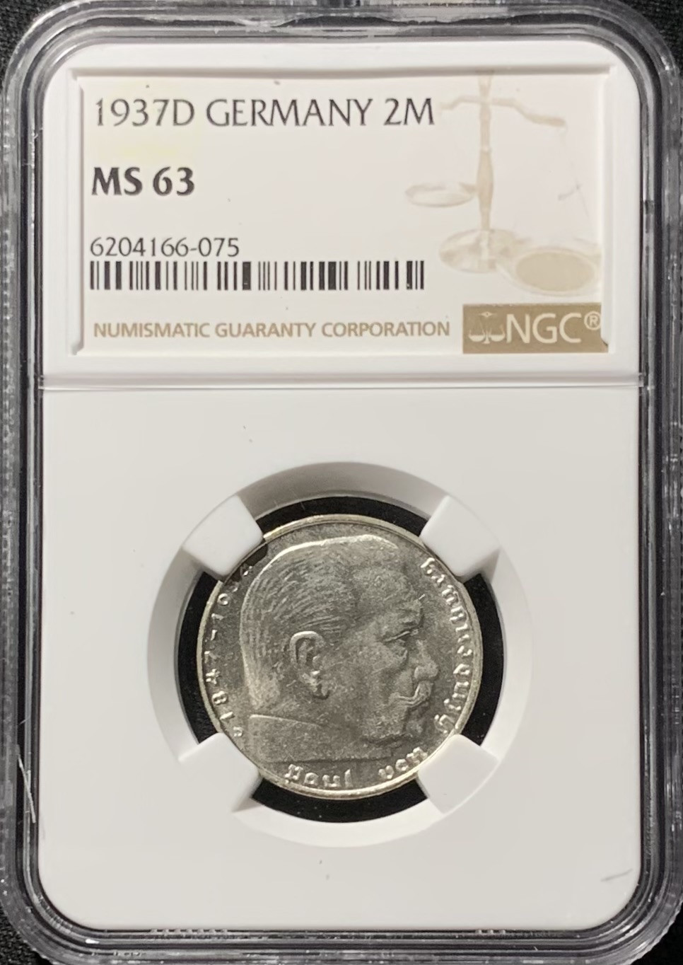 紫瑗钱币——第153期拍卖 德国 1937年 D版 兴登堡 2马克 银币 NGC MS63