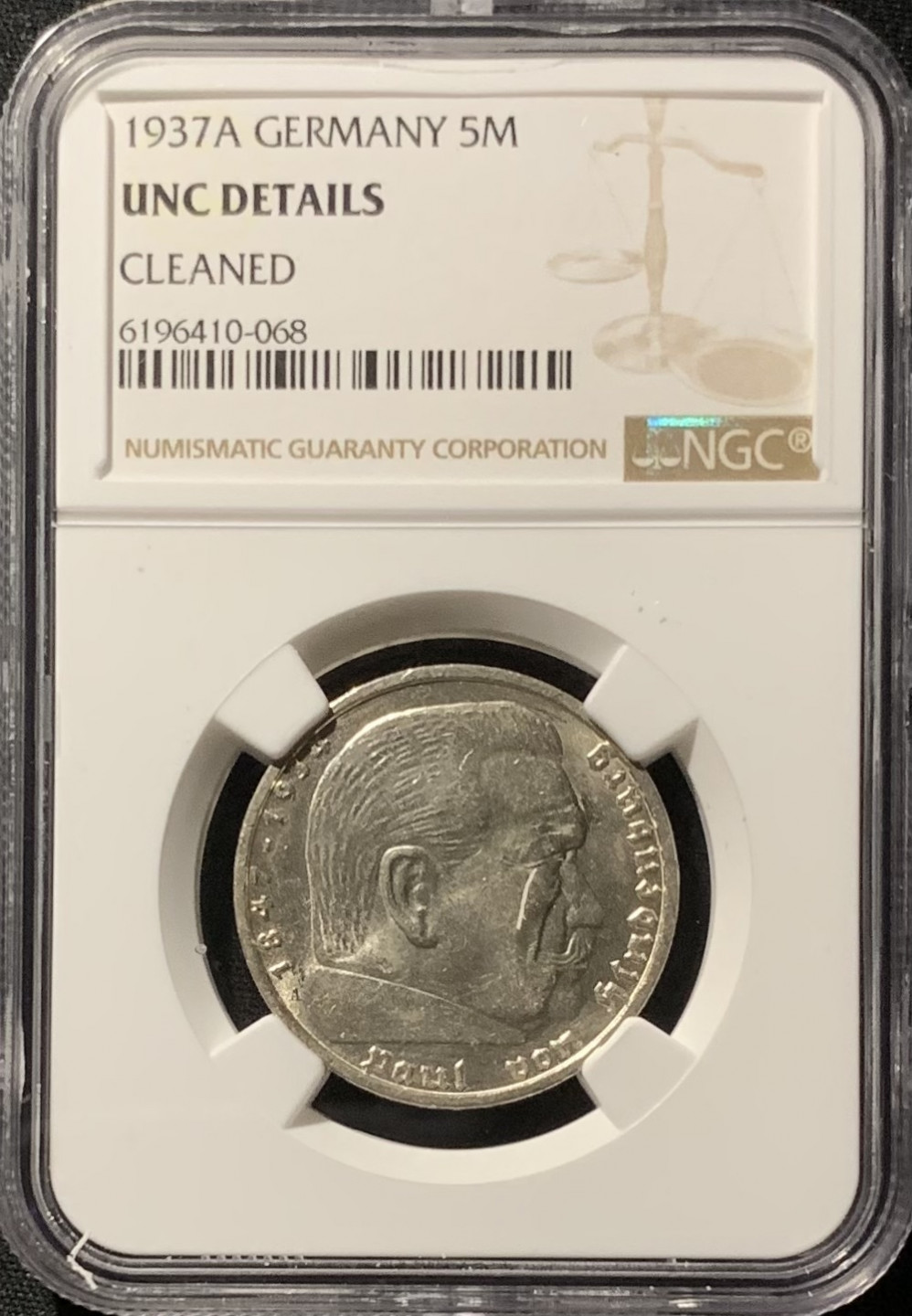 紫瑗钱币——第153期拍卖 德国 1937年 A版 兴登堡 字符版 5马克 银币 NGC UNC Detail