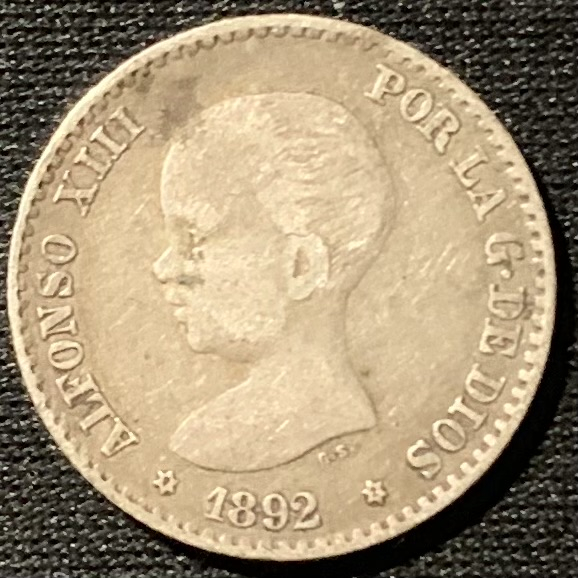 紫瑗钱币——第153期拍卖 西班牙 1892年 阿方索十三世 婴儿头 50分 2.5克 0.835银