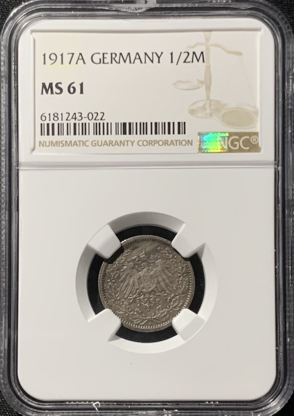紫瑗钱币——第153期拍卖 德国 1917年 A版 第二帝国 1/2马克 银币 NGC MS61