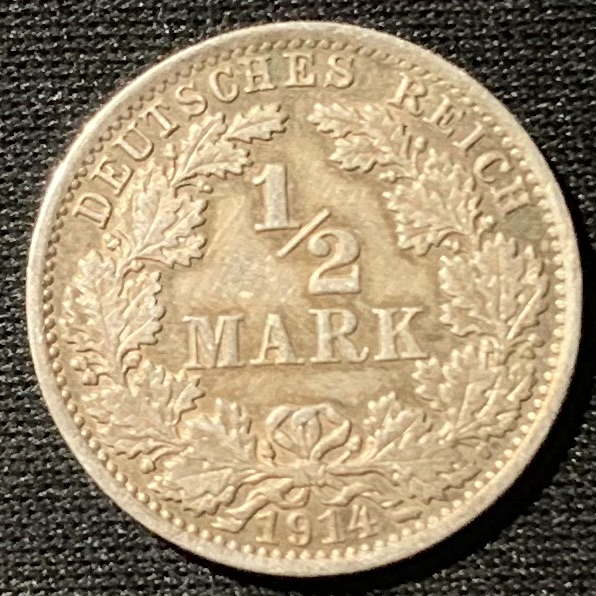 紫瑗钱币——第153期拍卖 德国 1914年 A版 第二帝国 1/2马克 2.78克 0.9银