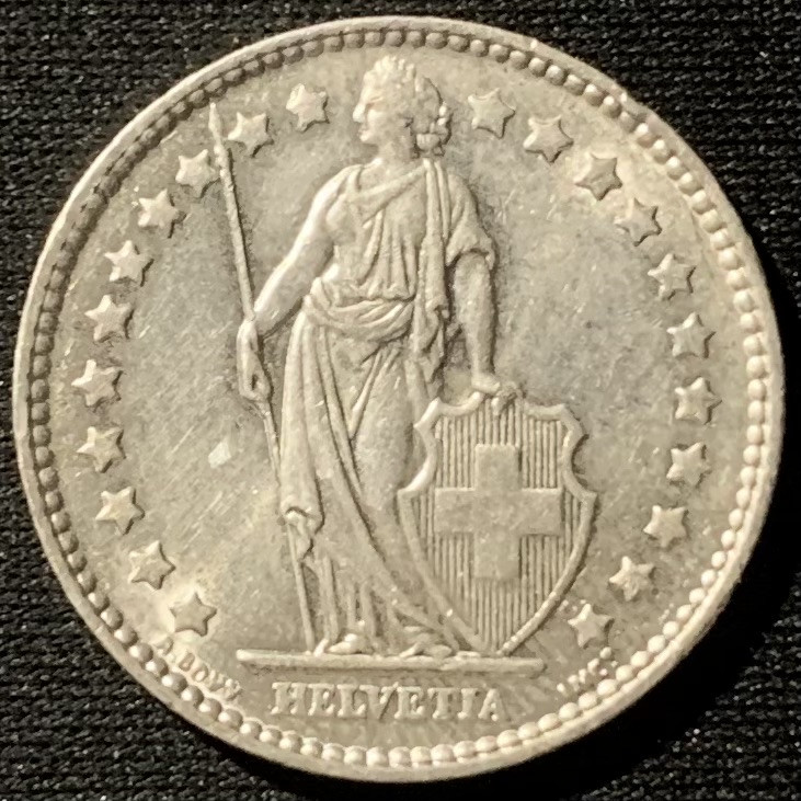 紫瑗钱币——第153期拍卖 瑞士 1964年 赫尔维迪亚女神 1法郎 5克 0.835银 UNC