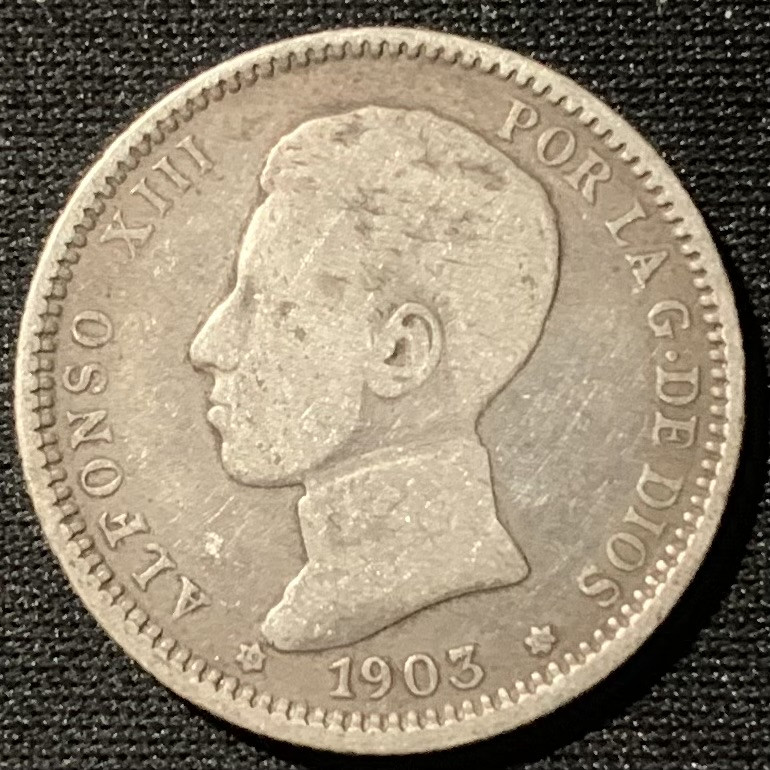 紫瑗钱币——第153期拍卖 西班牙 1903年 阿方索十三世 青年头 1比塞塔 5克 0.835银