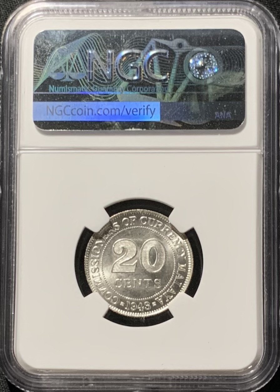 紫瑗钱币——第153期拍卖 马来亚 1943年 乔治六世 20分 银币 NGC MS63