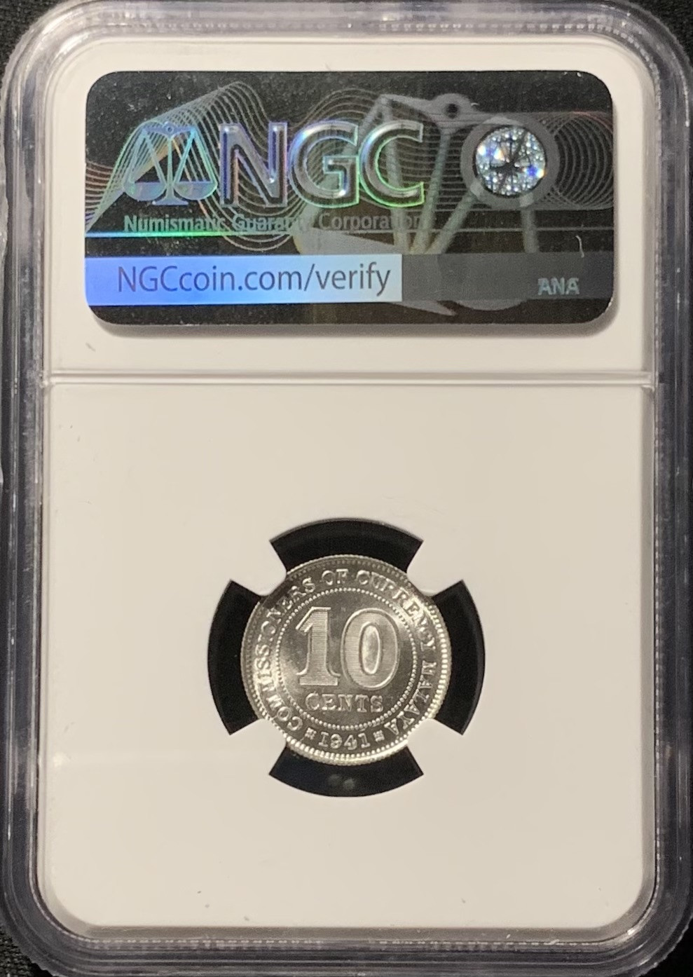 紫瑗钱币——第153期拍卖 马来亚 1941年 乔治六世 10分 银币 NGC MS63