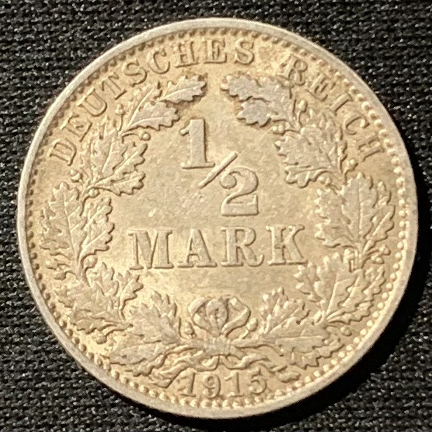 紫瑗钱币——第153期拍卖 德国 1915年 J版 第二帝国 1/2马克 2.78克 0.9银