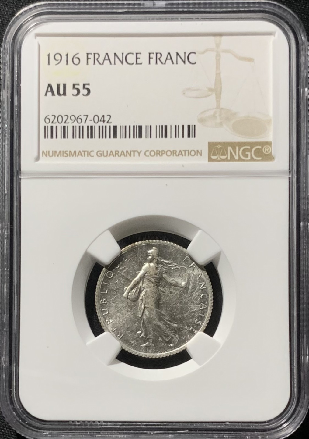 紫瑗钱币——第153期拍卖 法国 1916年 播种女神 1法郎 银币 NGC AU55