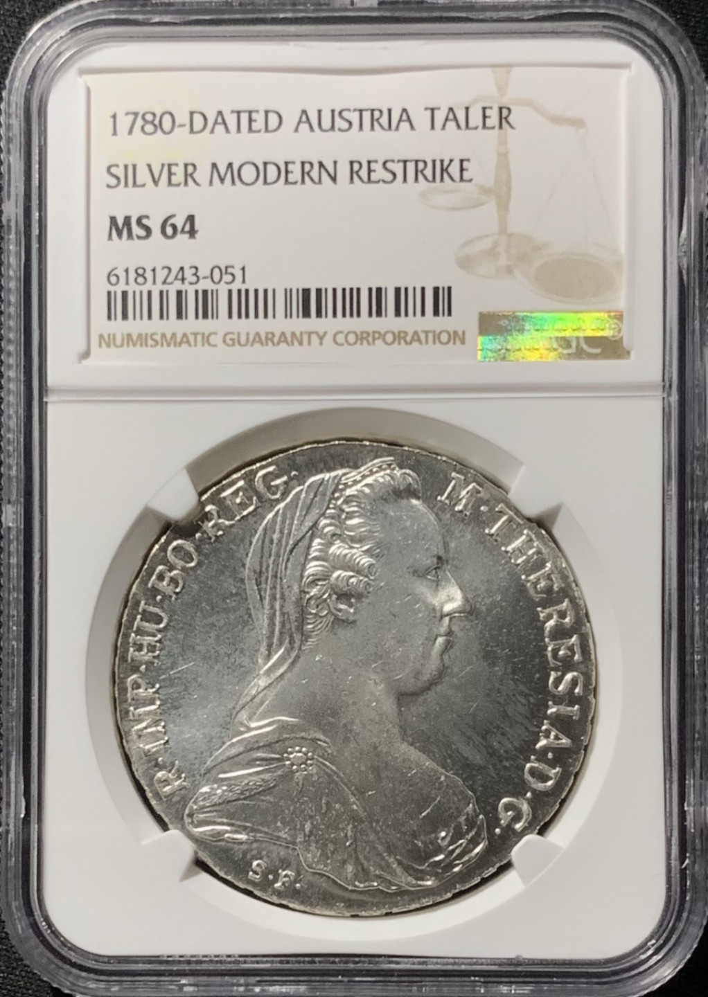 紫瑗钱币——第153期拍卖 奥匈帝国 1780年 特蕾莎·玛格丽特 1泰勒 大奶妈 银币 NGC MS64