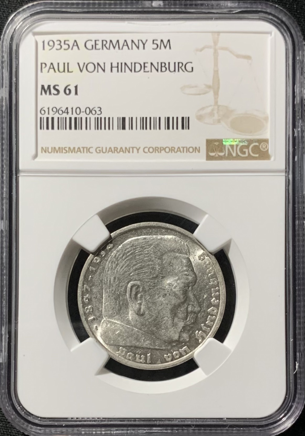 紫瑗钱币——第153期拍卖 德国 1935年 A版 兴登堡 5马克 银币 NGC MS61