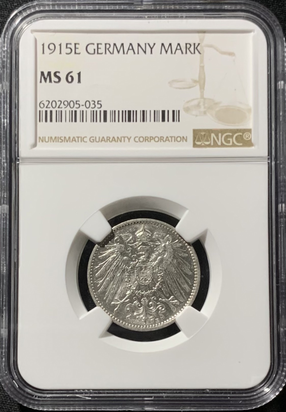 紫瑗钱币——第153期拍卖 德国 1915年 E版 第二帝国 长翅 1马克 银币 NGC MS61