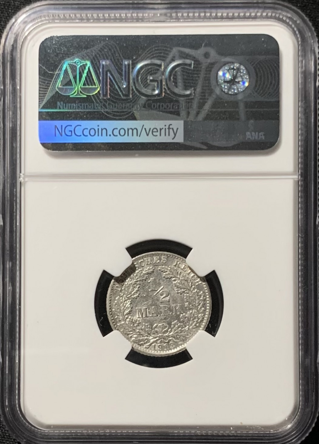 紫瑗钱币——第153期拍卖 德国 1913年 E版 第二帝国 1/2马克 银币 NGC AU Detail