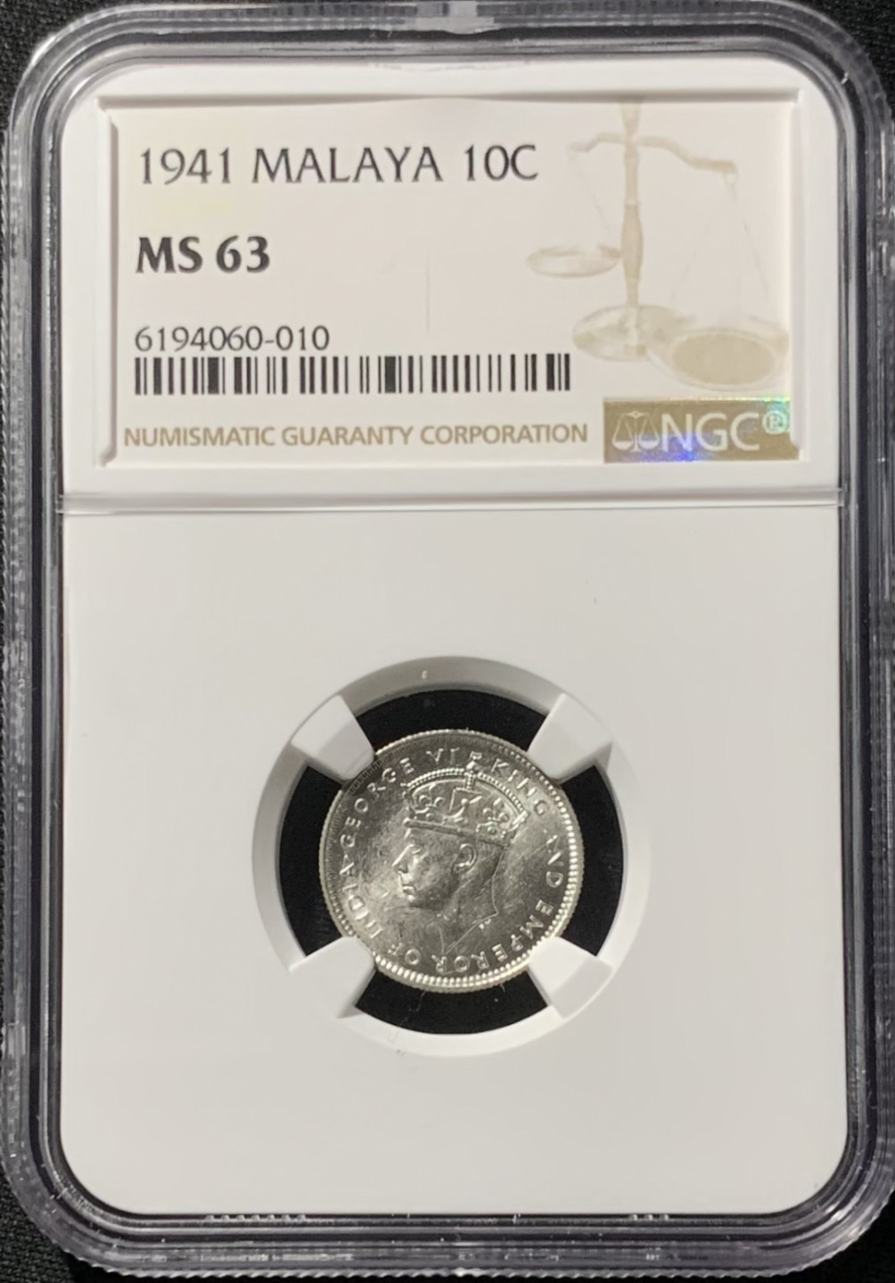 紫瑗钱币——第153期拍卖 马来亚 1941年 乔治六世 10分 银币 NGC MS63
