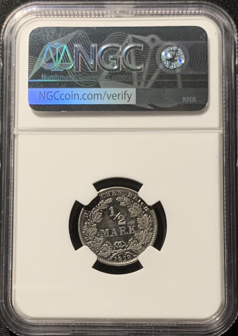 紫瑗钱币——第153期拍卖 德国 1918年 G版 第二帝国 1/2马克 银币 NGC AU55 黑色包浆