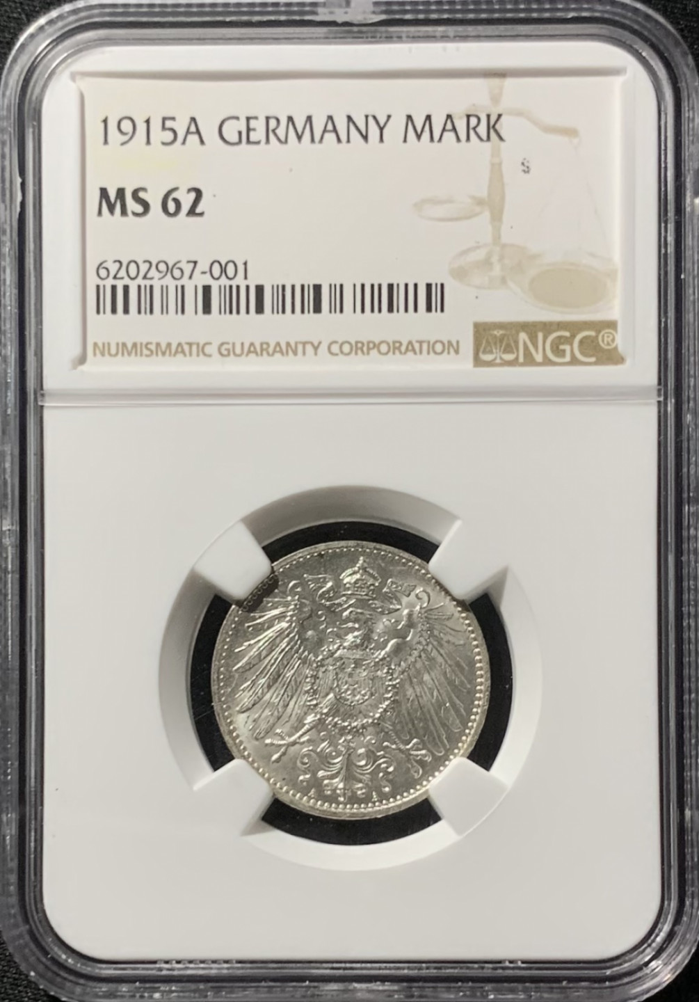 紫瑗钱币——第153期拍卖 德国 1915年 A版 第二帝国 长翅 1马克 银币 NGC MS62
