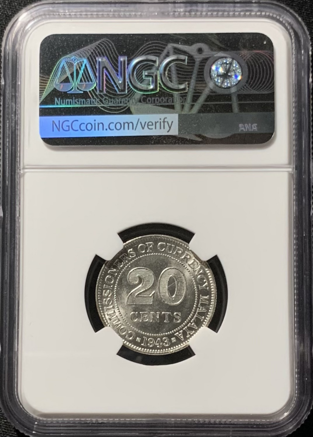 紫瑗钱币——第153期拍卖 马来亚 1943年 乔治六世 20分 银币 NGC MS64