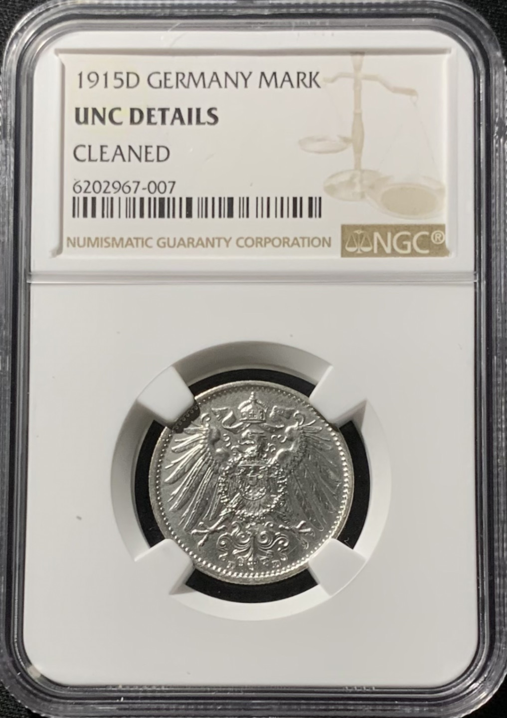 紫瑗钱币——第153期拍卖 德国 1915年 D版 第二帝国 长翅 1马克 银币 NGC UNC Detail