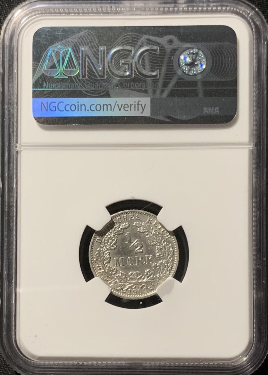 紫瑗钱币——第153期拍卖 德国 1909年 J版 第二帝国 1/2马克 银币 NGC UNC Detail