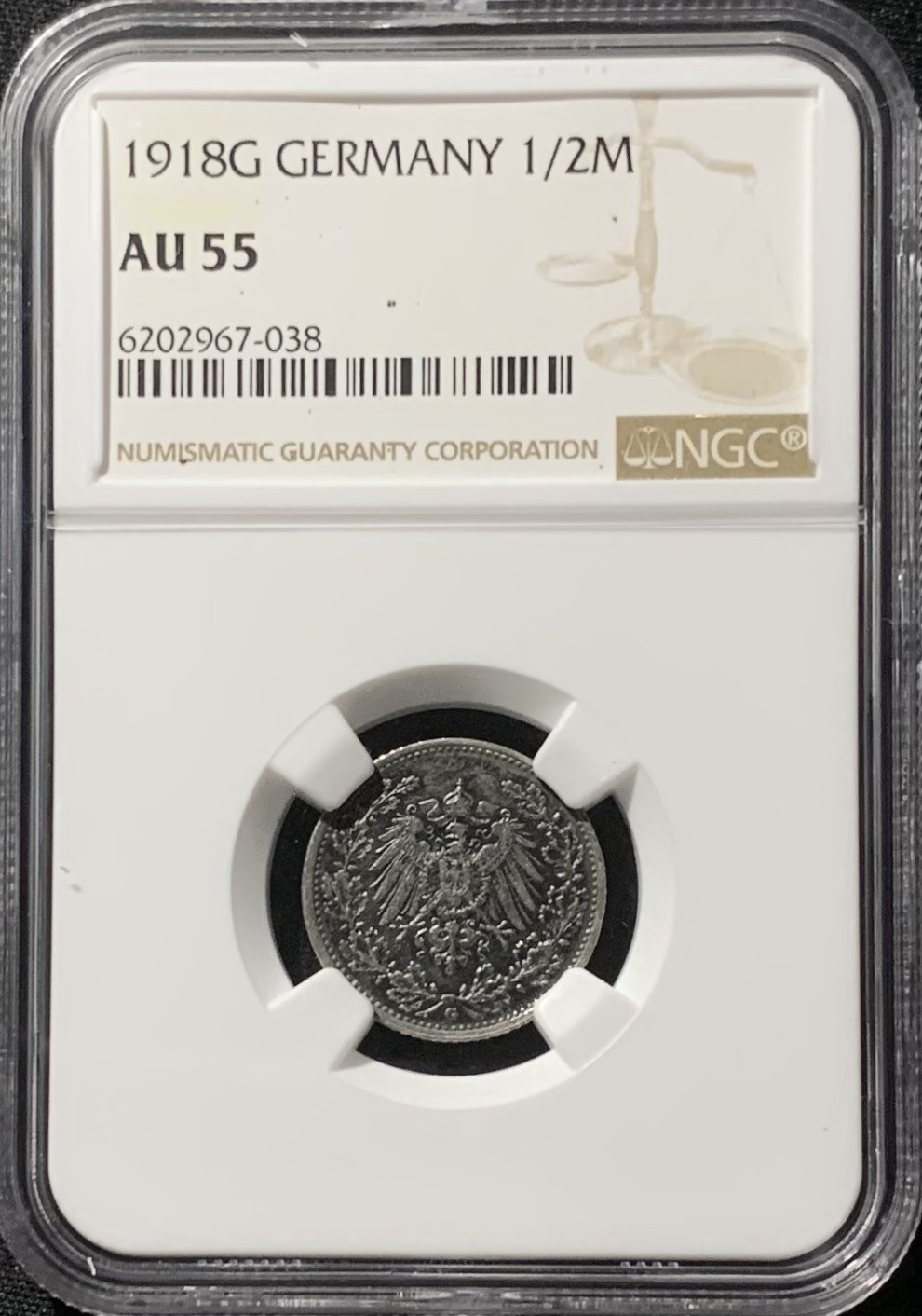紫瑗钱币——第153期拍卖 德国 1918年 G版 第二帝国 1/2马克 银币 NGC AU55 黑色包浆