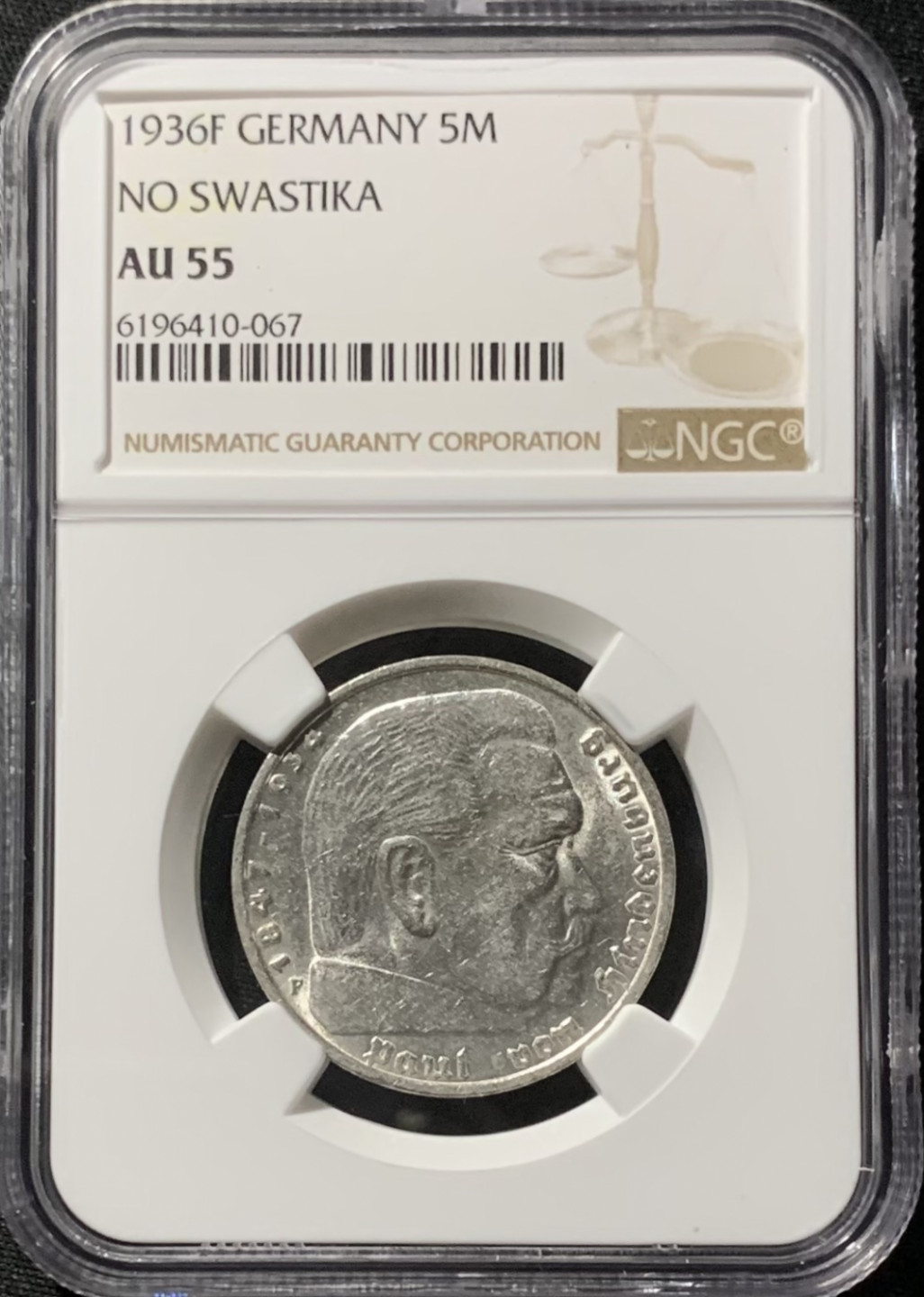 紫瑗钱币——第153期拍卖 德国 1936年 F版 兴登堡 5马克 银币 NGC AU55