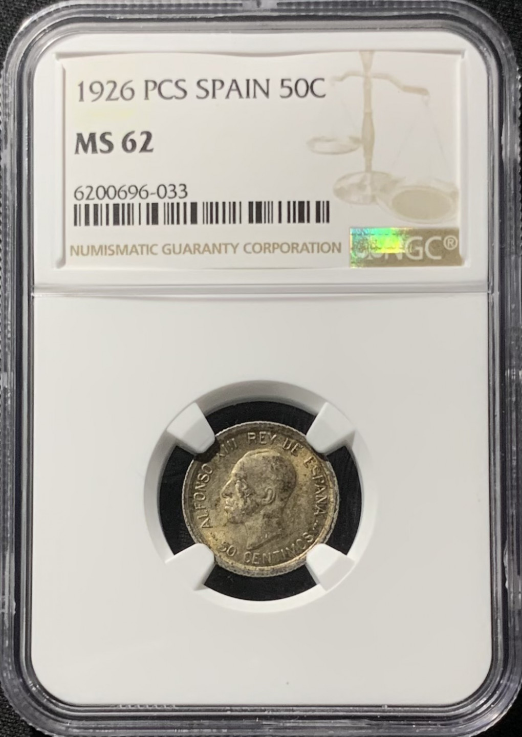 紫瑗钱币——第153期拍卖 西班牙 1926年 阿方索十三世 50分 银币 NGC MS62 环彩