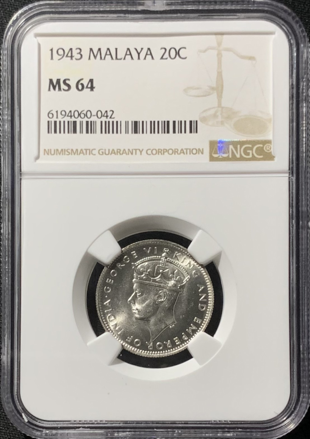 紫瑗钱币——第153期拍卖 马来亚 1943年 乔治六世 20分 银币 NGC MS64