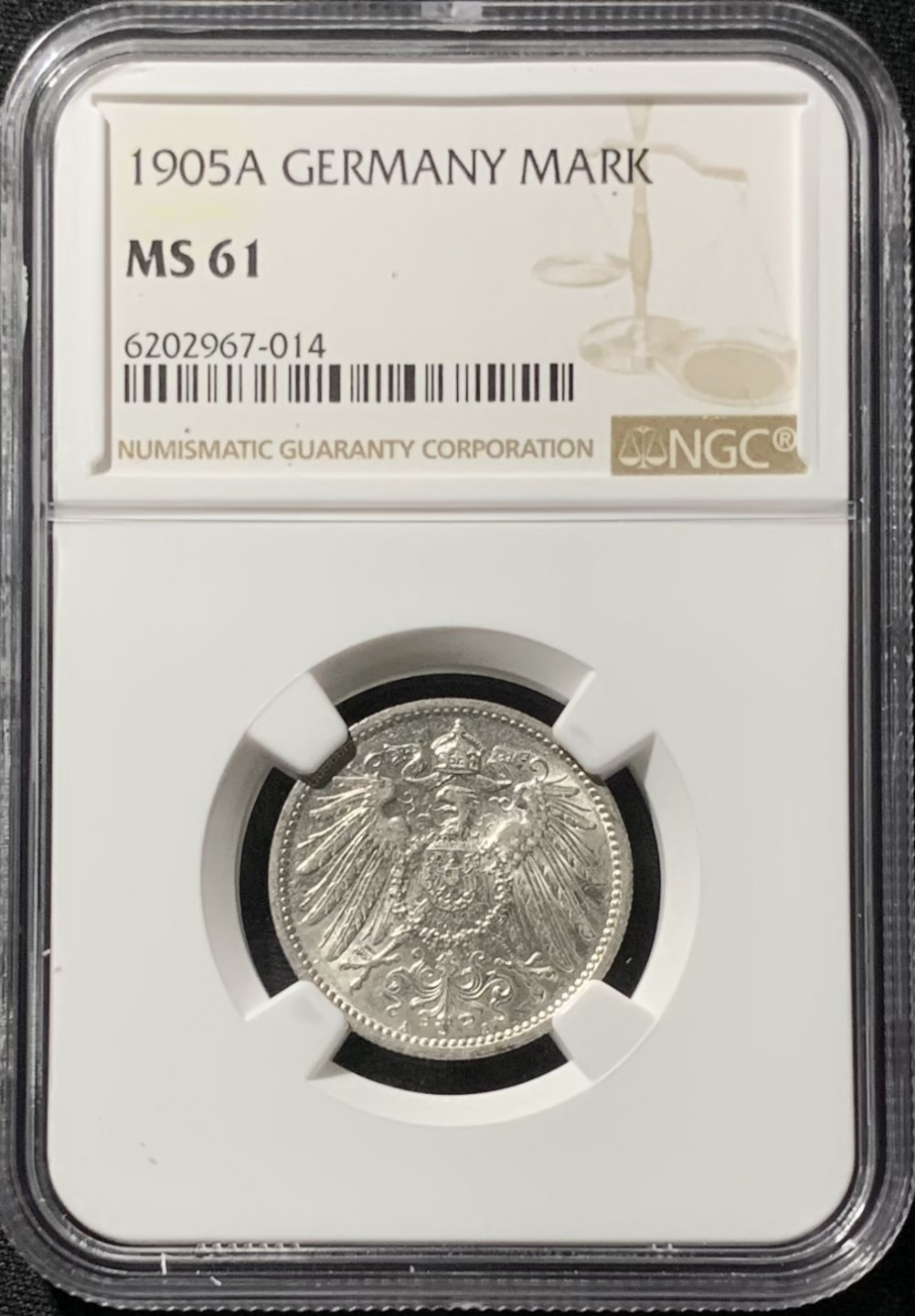 紫瑗钱币——第153期拍卖 德国 1905年 A版 第二帝国 长翅 1马克 银币 NGC MS61