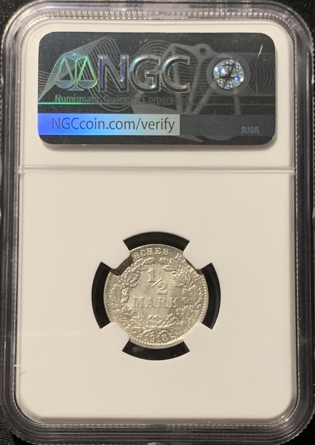 紫瑗钱币——第153期拍卖 德国 1918年 F版 第二帝国 1/2马克 银币 NGC MS62