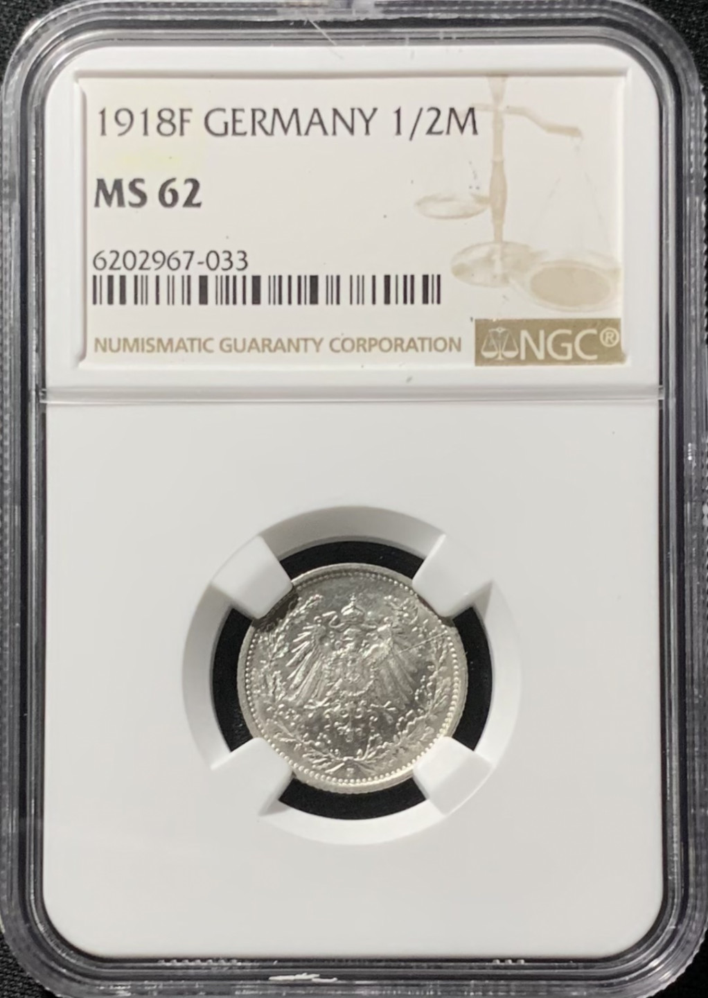 紫瑗钱币——第153期拍卖 德国 1918年 F版 第二帝国 1/2马克 银币 NGC MS62