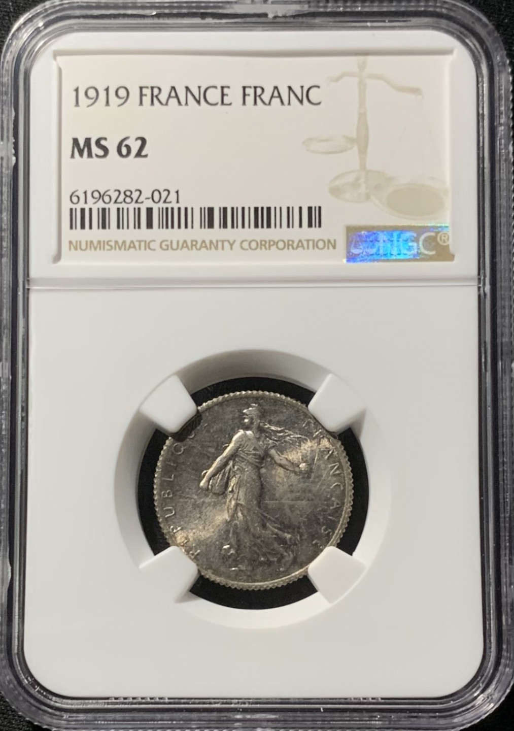 紫瑗钱币——第153期拍卖 法国 1919年 播种女神 1法郎 银币 NGC MS62 环彩